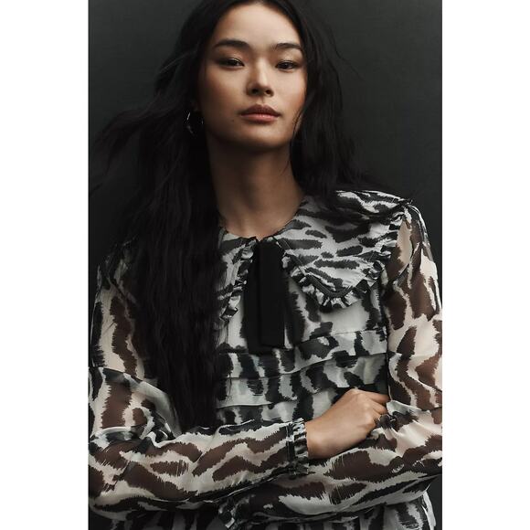 Anthropologie MAEVE Long-Sleeve Collared Sheer Mini Dress Black White M NWT $168 - Picture 2 of 7